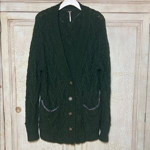 Free People Green Montana Cable Knit Chunky Oversized Cardigan Sweater XS